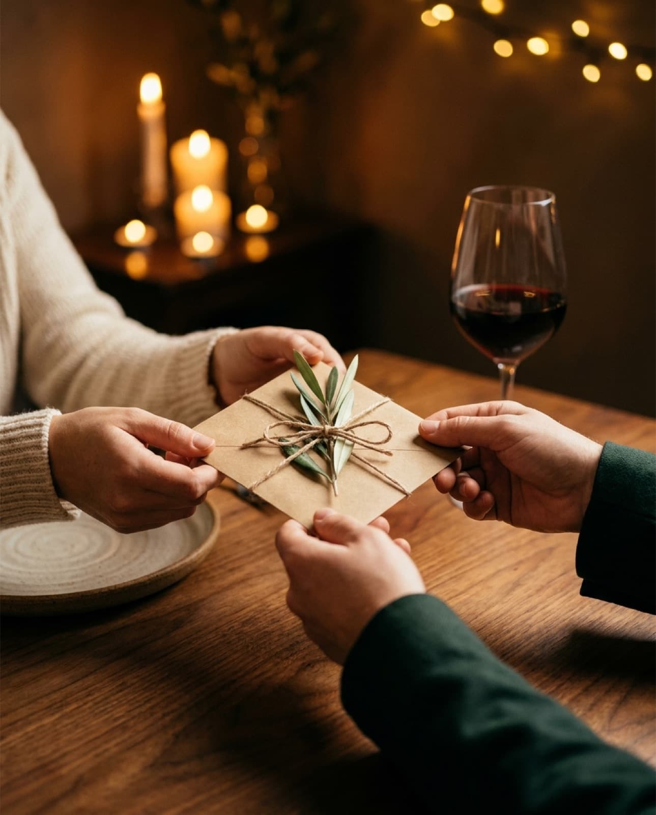 One person passing a twine-tied kraft gift envelope to another across a candlelit table
