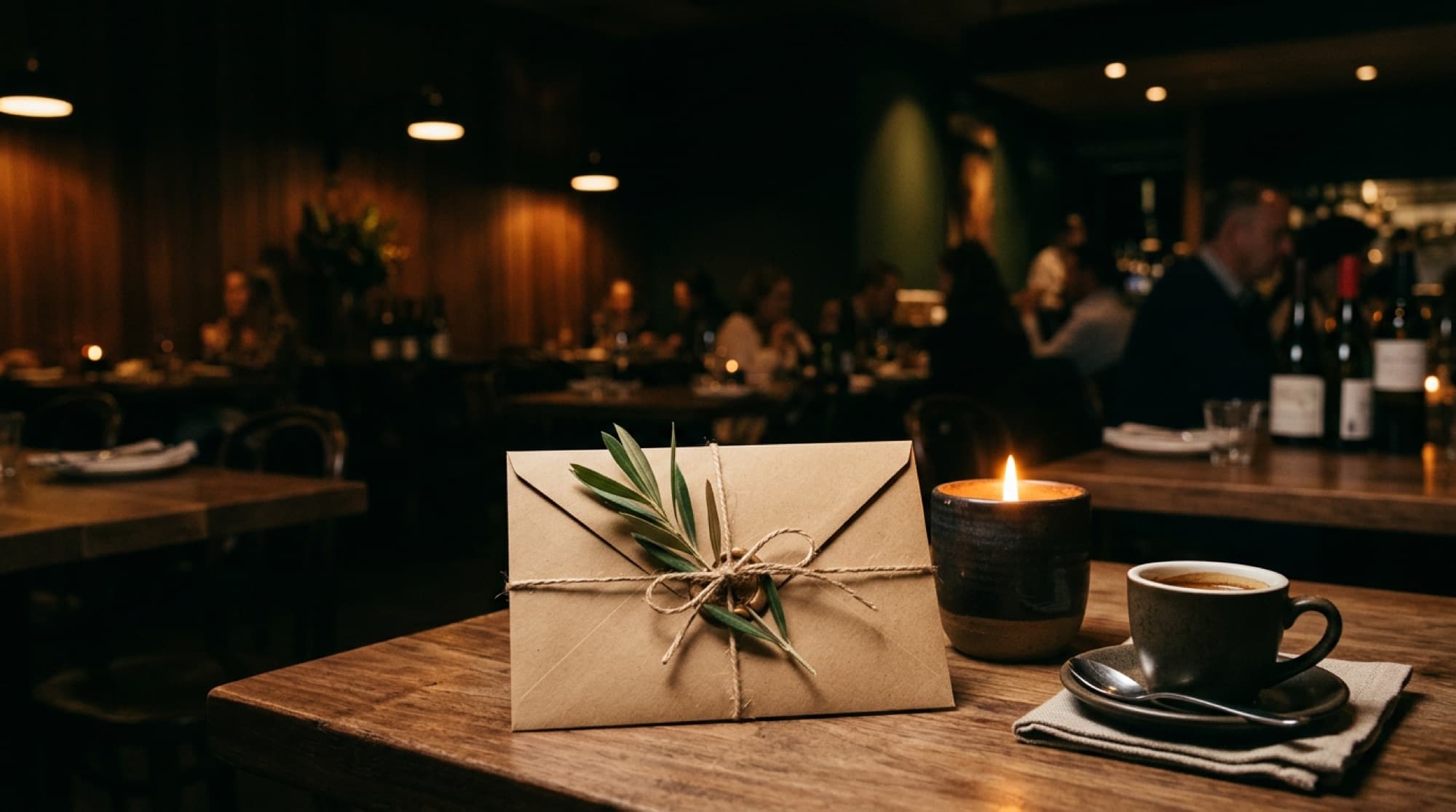 A kraft paper gift envelope tied with twine on a candlelit restaurant table