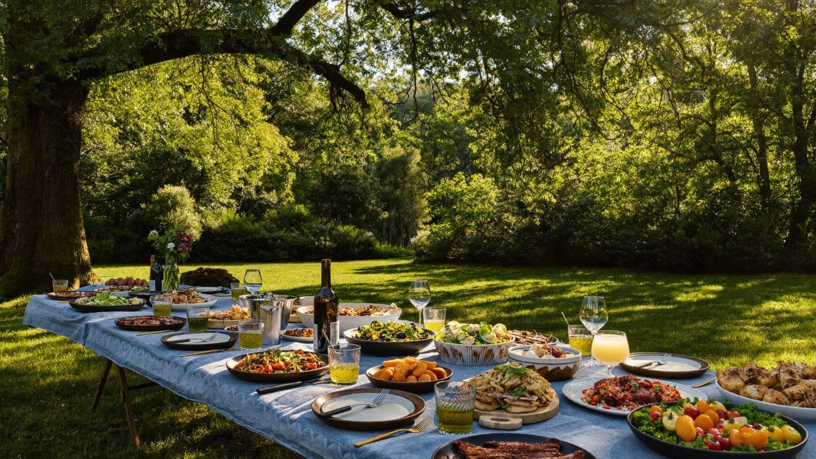 An abundant feast table set outdoors