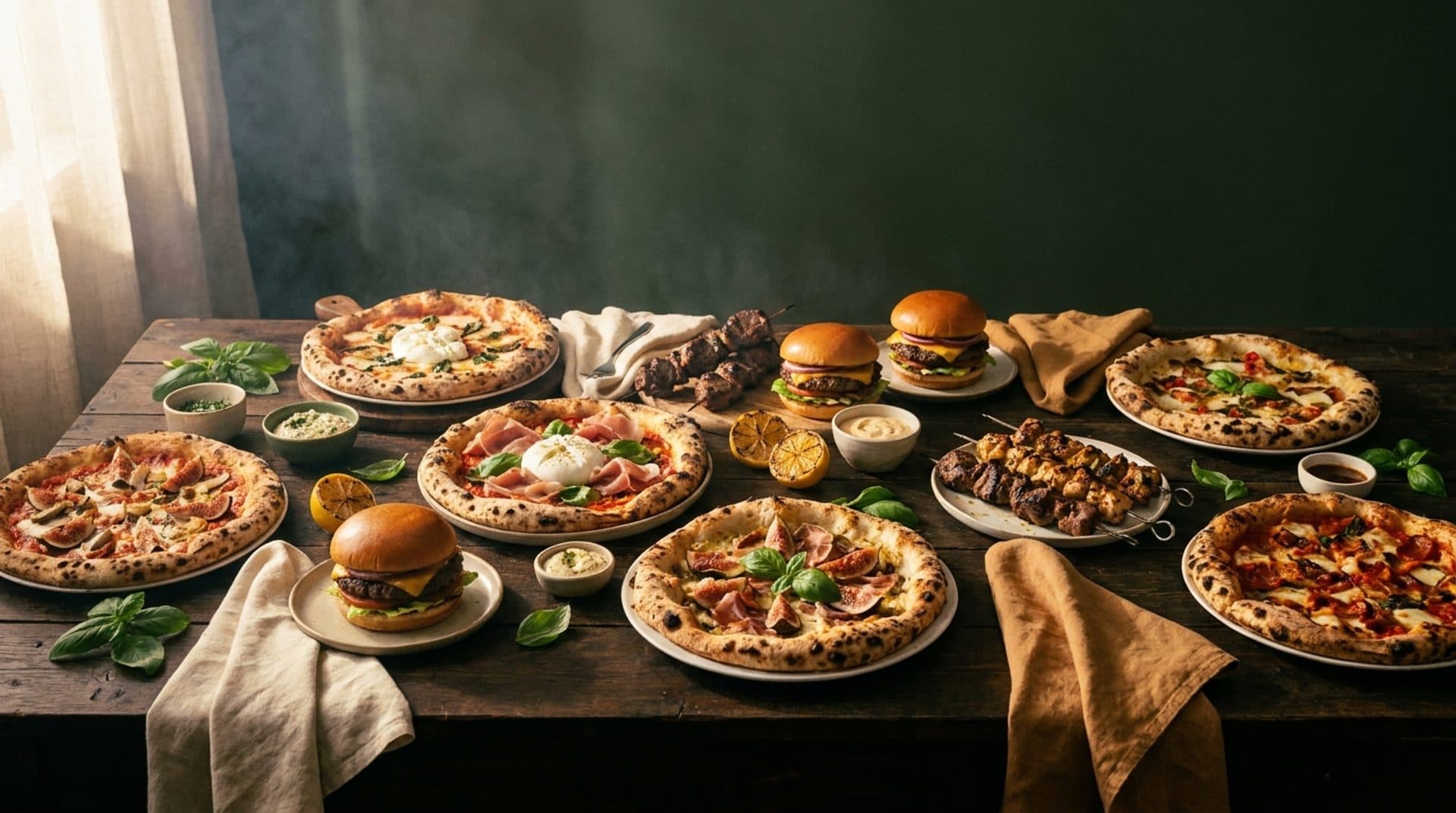 A long timber table laid with wood-fired pizzas, flame-grilled burgers and char-grilled skewers