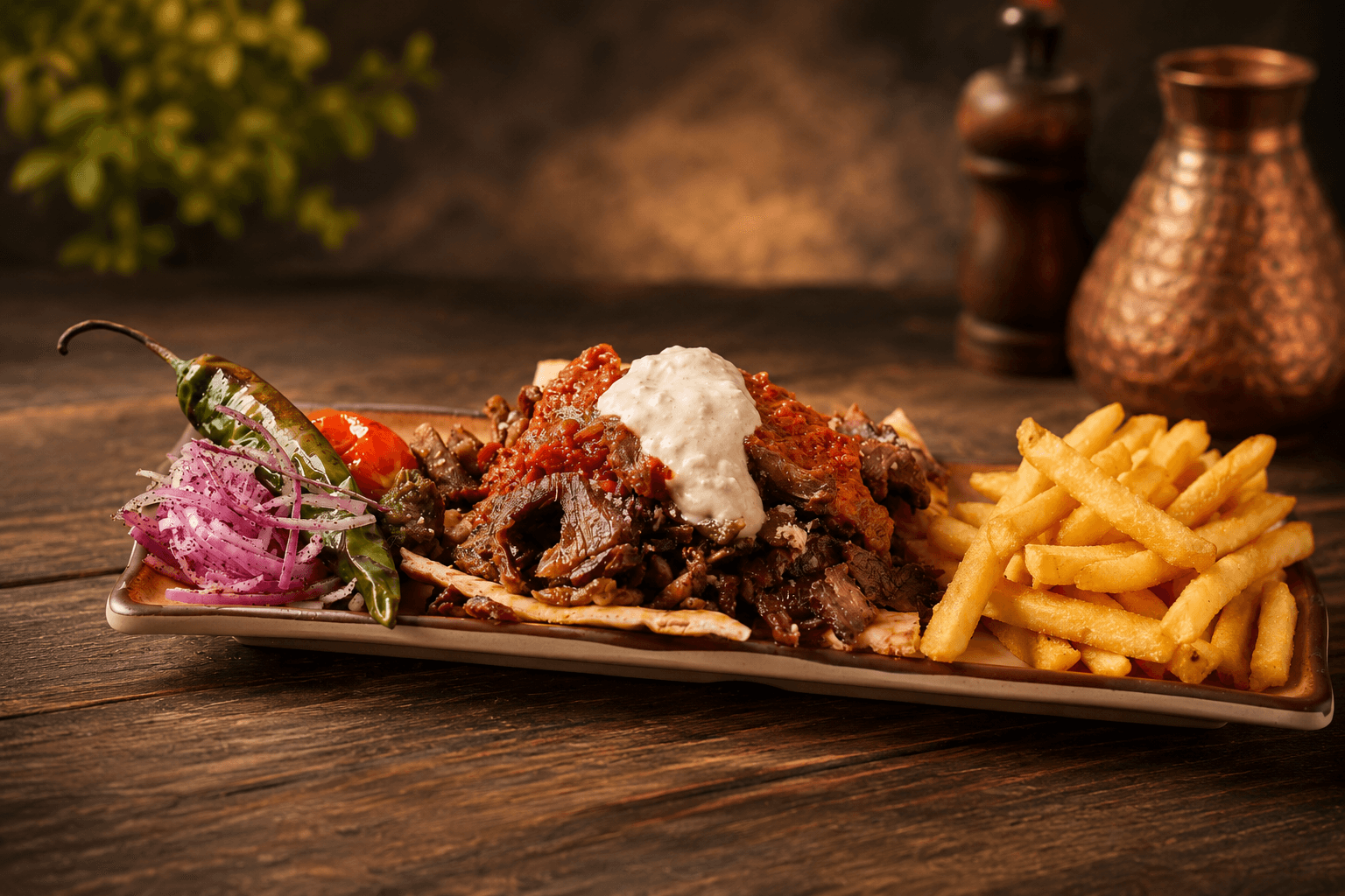 A long timber table laid with wood-fired pizzas, flame-grilled burgers and char-grilled skewers