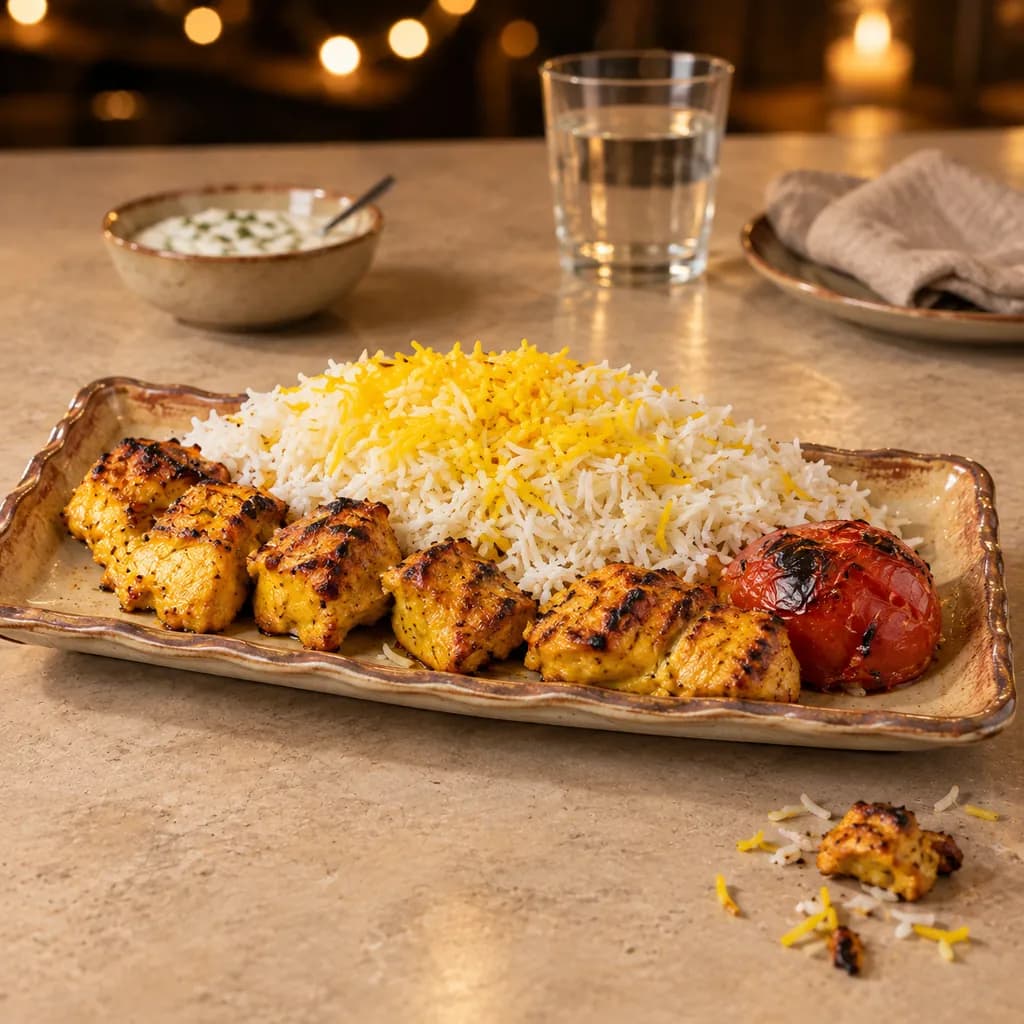 Joojeh kebab with saffron rice and grilled tomato at Bambua