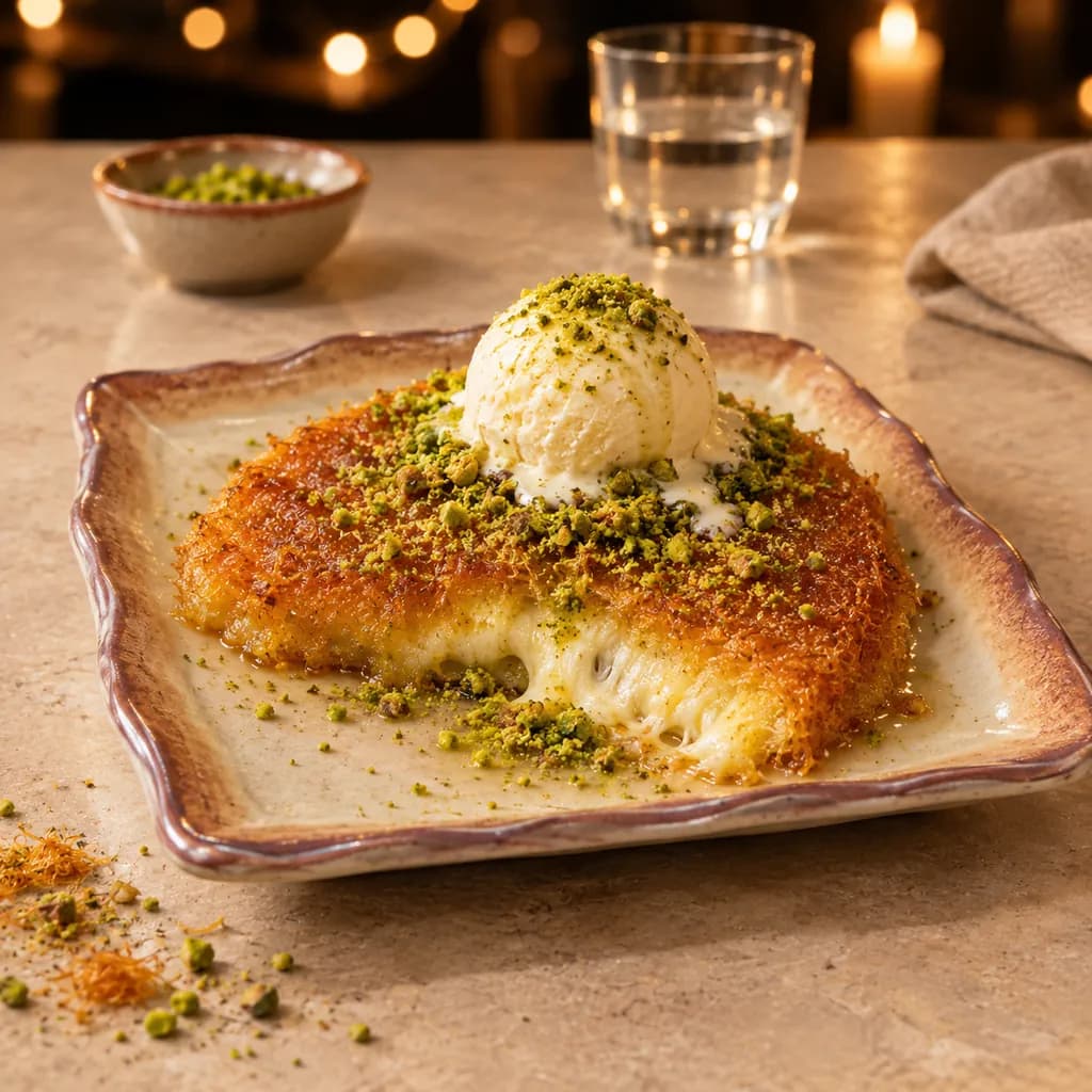 Signature kunefe with vanilla ice cream at Sip & Bite